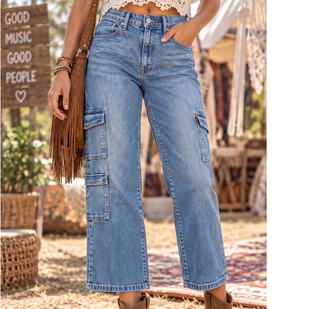 Express Conscious Edit Womens High Rise Straight Ankle Cargo Jeans Blue 12S Crop